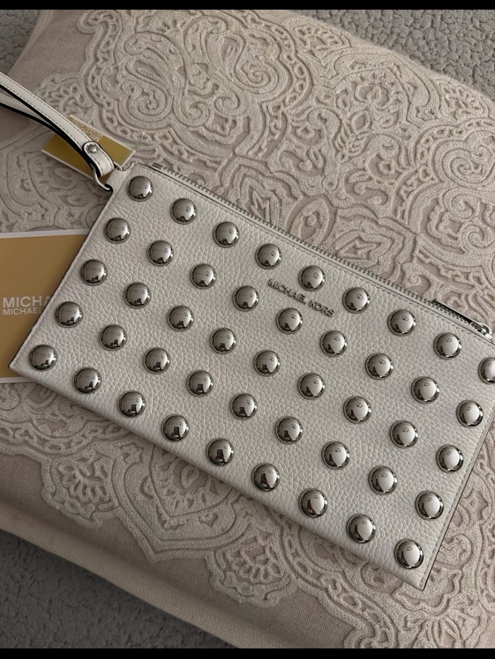 MICHAEL KORS White Studded Leather Wristlet